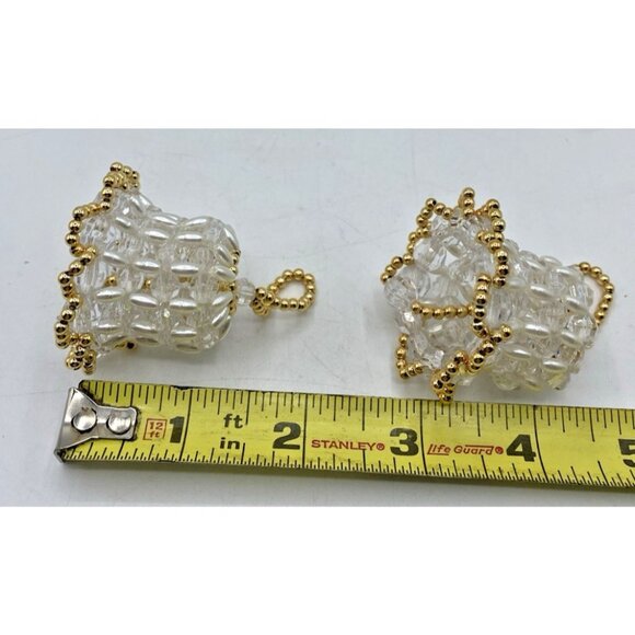 Vtg Handmade Beaded Bell Ornaments Set 2 White Gold Christmas Holiday Decor - Picture 7 of 10
